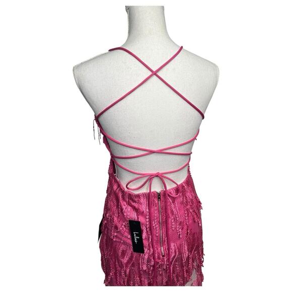 New Lulus Dress Womens M Making Magic Fringe Lace Up Mini Overlay Bright Pink - Picture 13 of 16